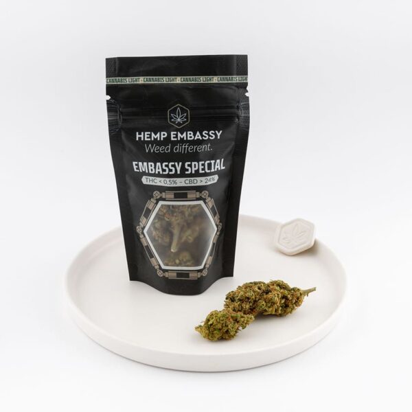 Hemp Embassy Special CBD weed light flower with pack